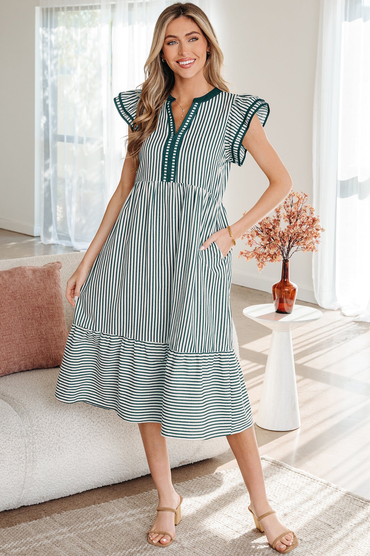 Green stripe midi dress by Dear-Lover with double ruffles, short sleeves, contrast trim, and V-neck in a stylish, casual design.