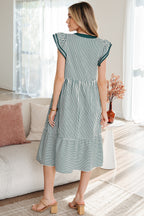 Green stripe midi dress by Dear-Lover with double ruffles, contrast trim, short sleeves, and V-neck design.