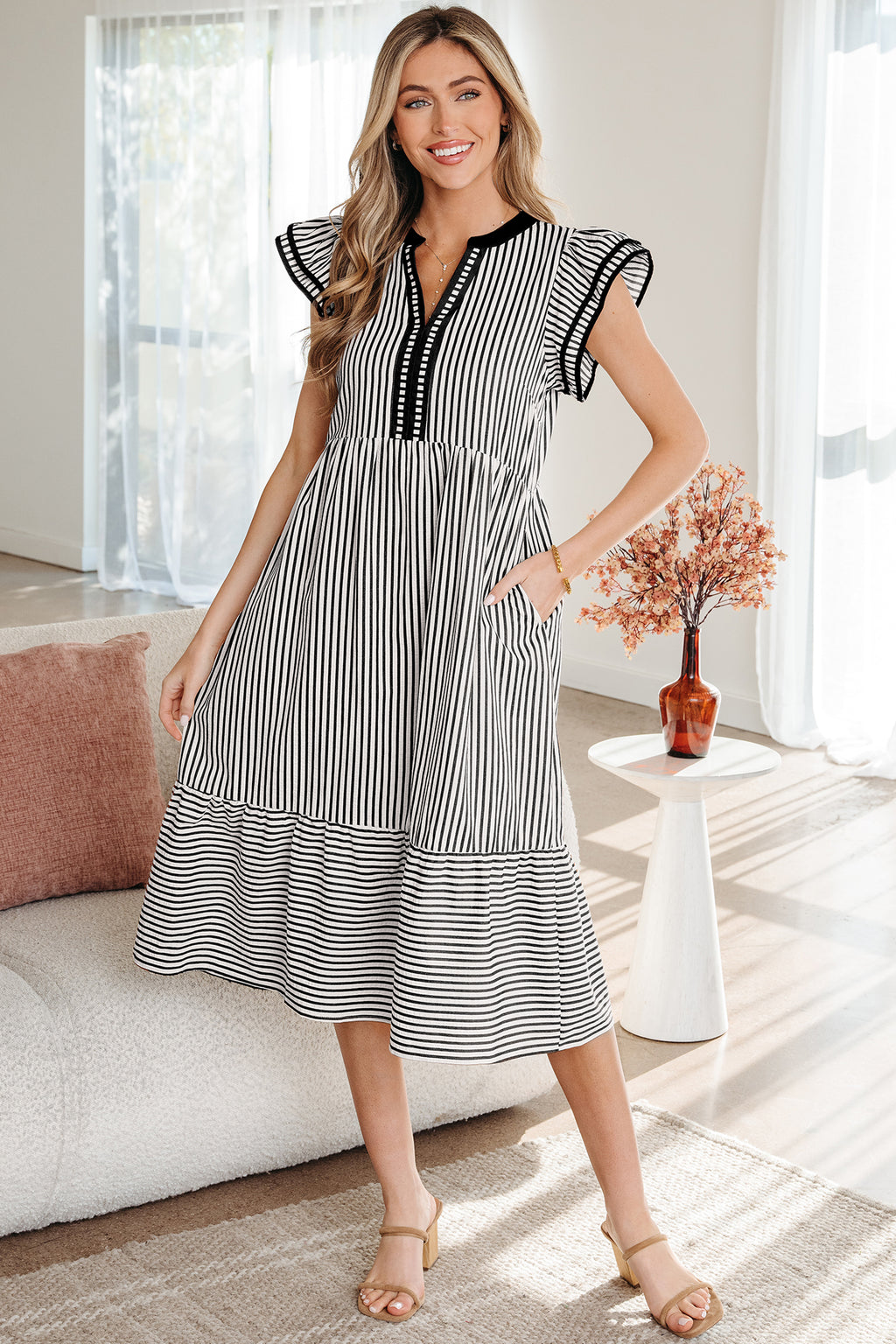 Green stripe midi dress by Dear-Lover with double ruffles, short sleeves, V-neck, contrast trim, made of polyester cotton blend.