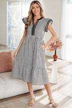 Green stripe midi dress by Dear-Lover with double ruffles, short sleeves, V-neck, contrast trim, made of polyester cotton blend.
