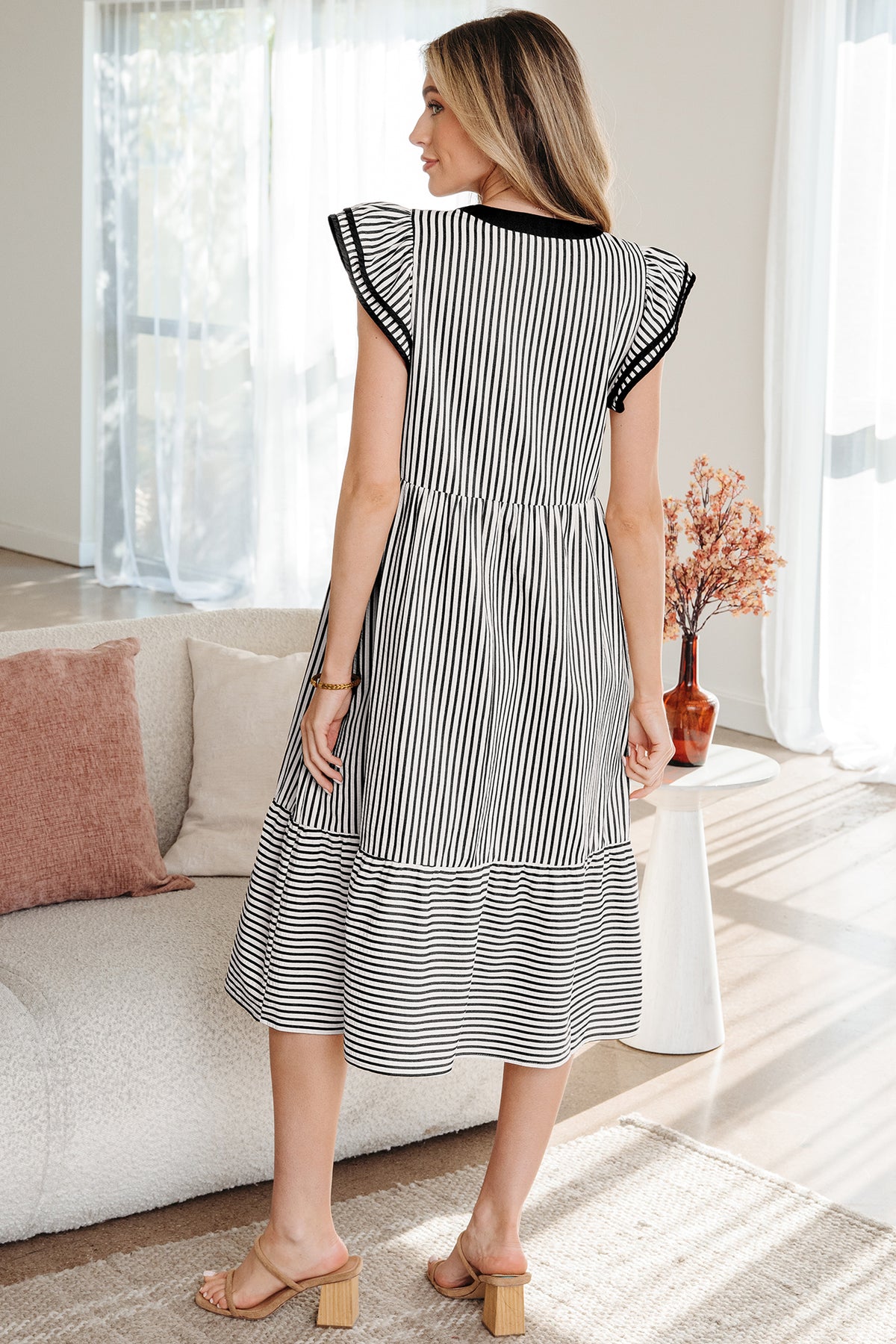 Green stripe midi dress by Dear-Lover with double ruffles, short sleeves, contrast trim, and V-neck in polyester and cotton blend.