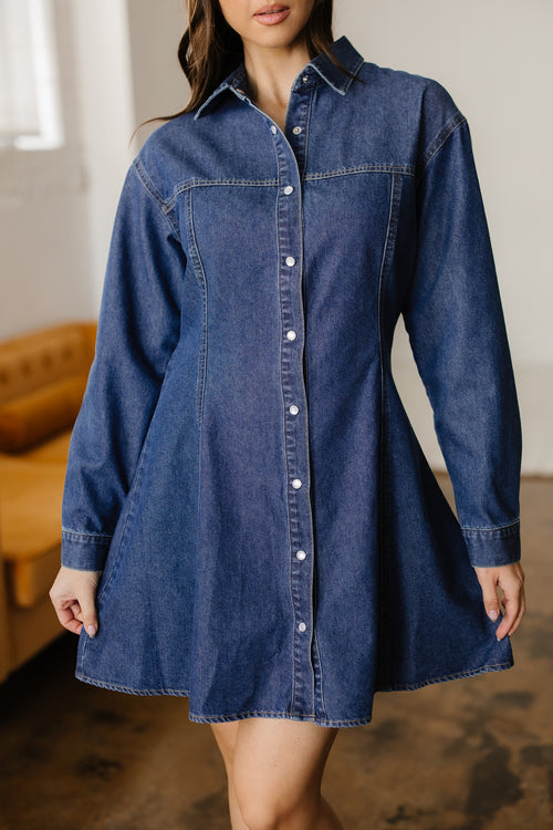 Blue denim mini dress with shirt collar, long sleeves, flared skirt, by Dear-Lover, made from cotton, polyester, and regenerated fiber.