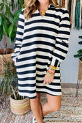 Black stripe polo neck shift fit sweatshirt dress with side pockets, made of polyester and elastane, by Dear-Lover Dropshipping.