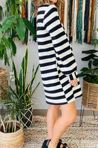 Black stripe polo neck sweatshirt dress with side pockets, shift fit, made of polyester and elastane, by Dear-Lover Dropshipping.