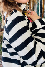 Black stripe polo neck sweatshirt dress with side pockets, shift fit style, made of polyester and elastane, by Dear-Lover.