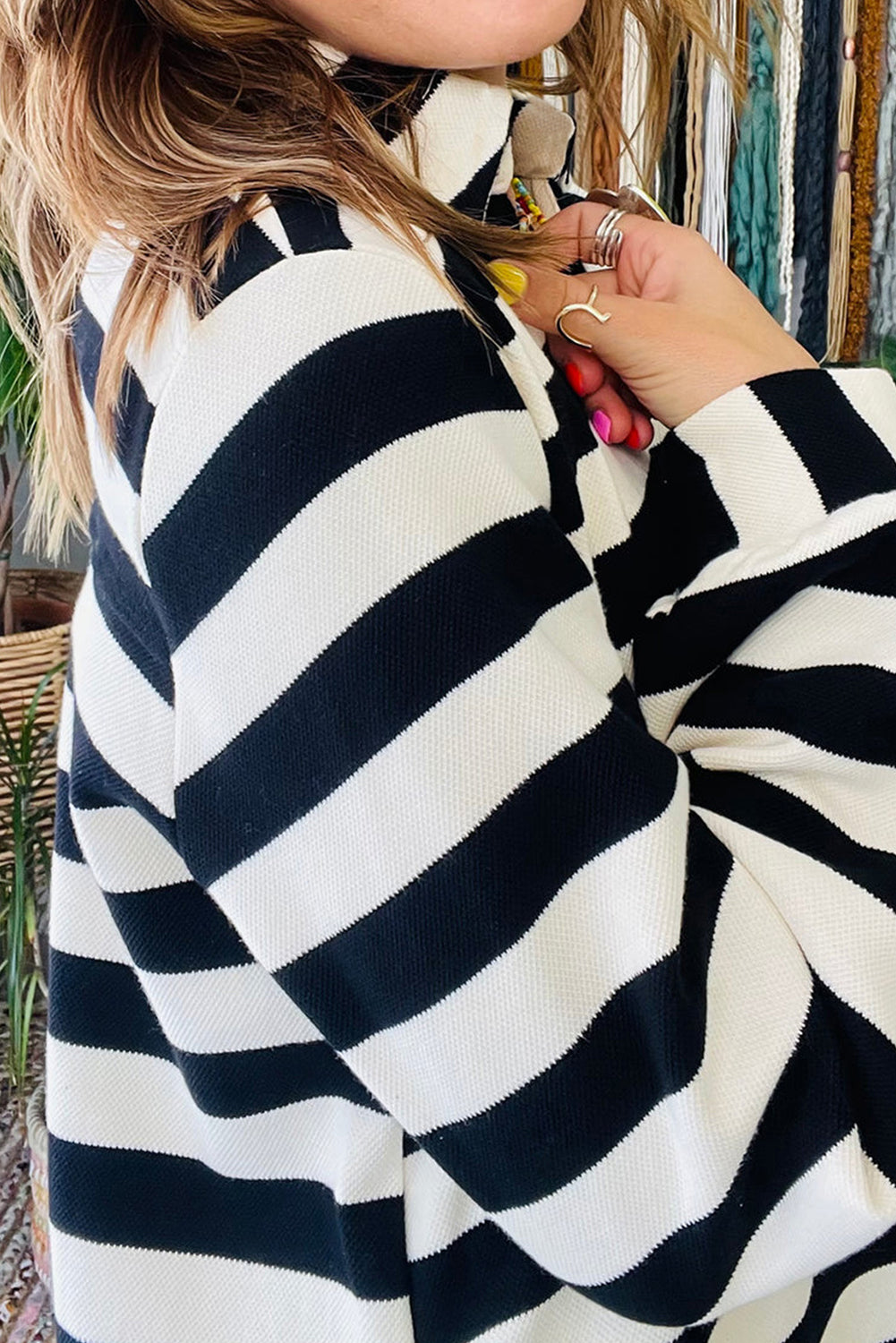 Black stripe polo neck sweatshirt dress with side pockets, shift fit style, made of polyester and elastane, by Dear-Lover.