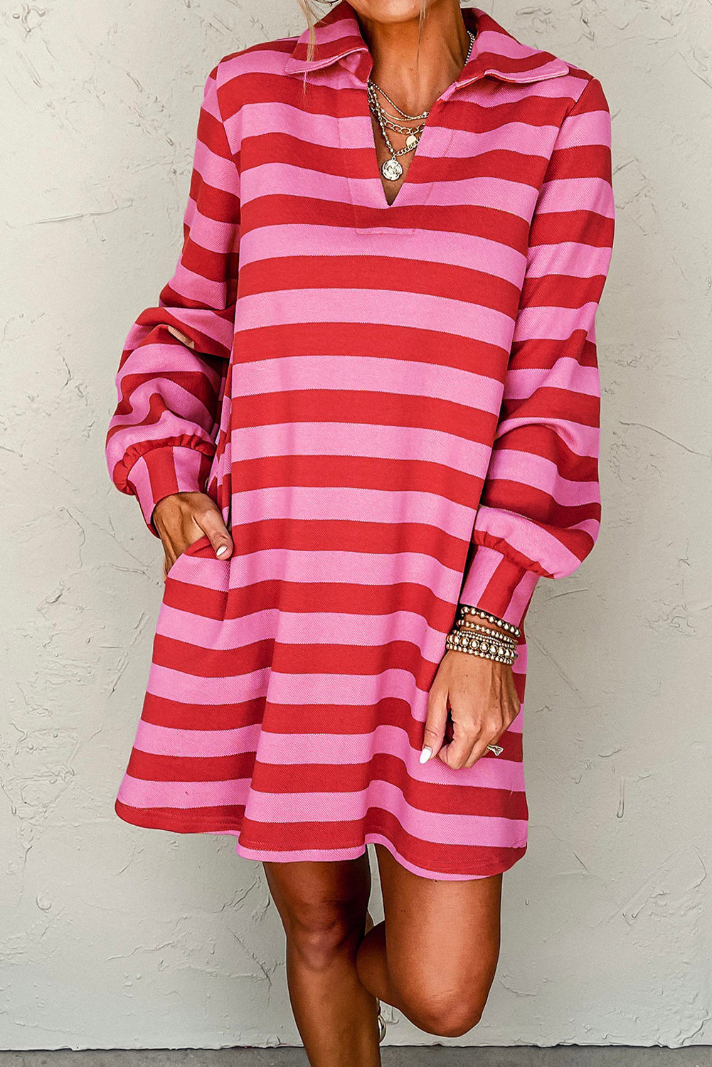 Black stripe polo neck sweatshirt dress by Dear-Lover with side pockets, shift fit, mini length, made of polyester and elastane.