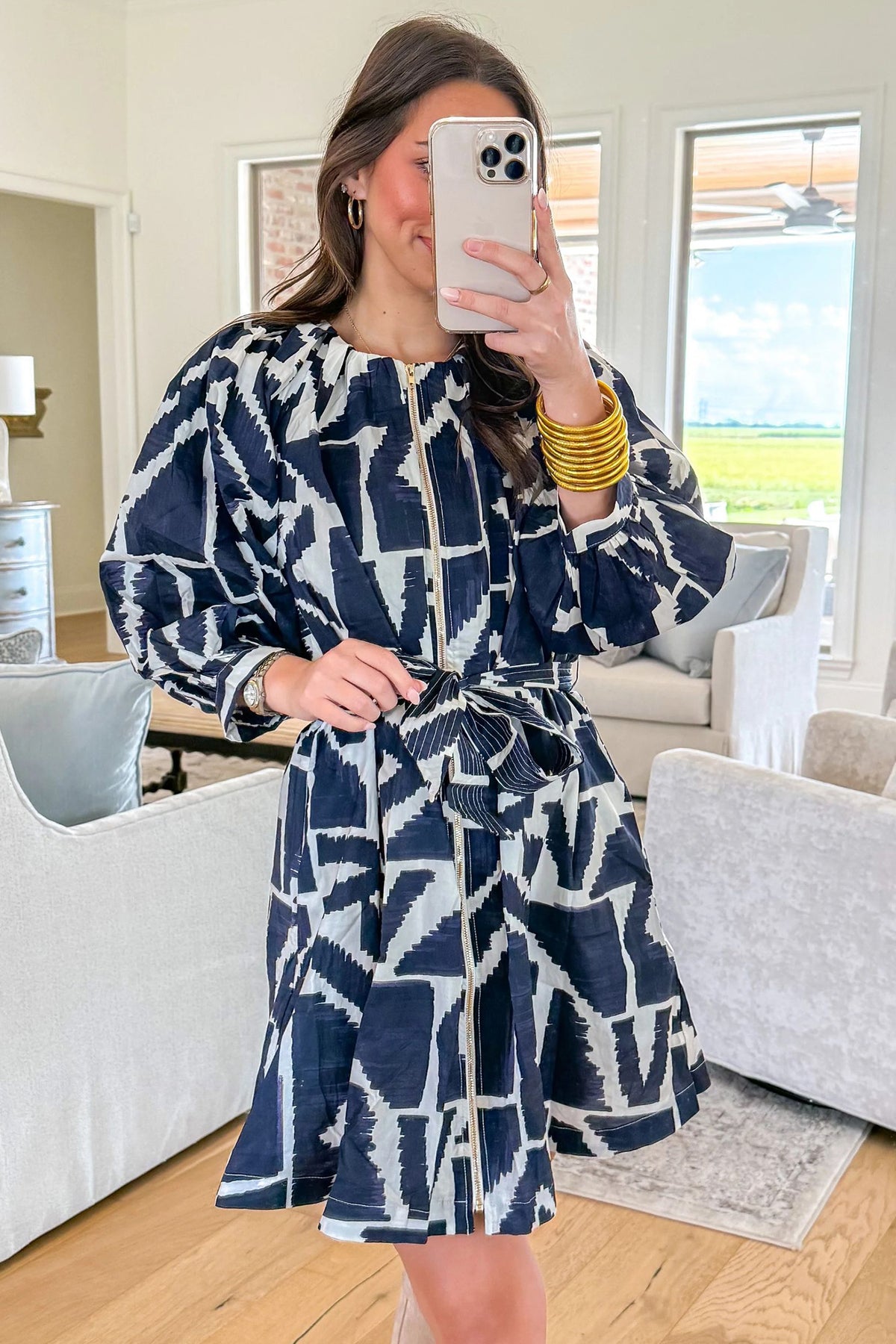 Blue abstract geometric print zip-front tie waist shift dress by Dear-Lover, featuring a mini length and polyester fabric.