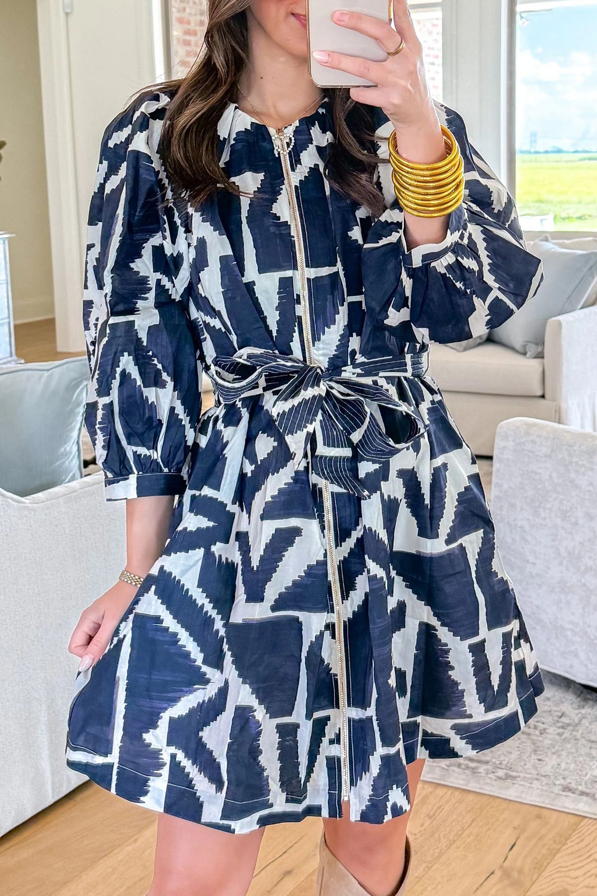 Blue abstract geometric print zip front tie waist shift dress by Dear-Lover, featuring a mini length and polyester fabric.