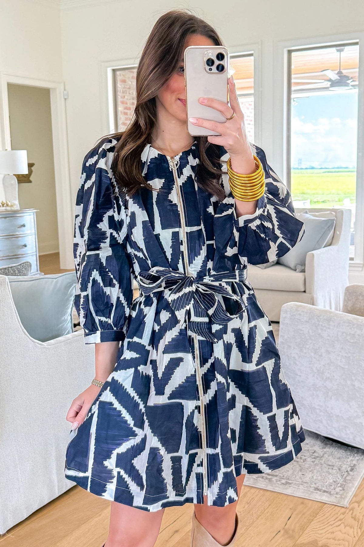 Blue abstract geometric print mini dress with zip front and tie waist from Dear-Lover, perfect for casual or summer wear.