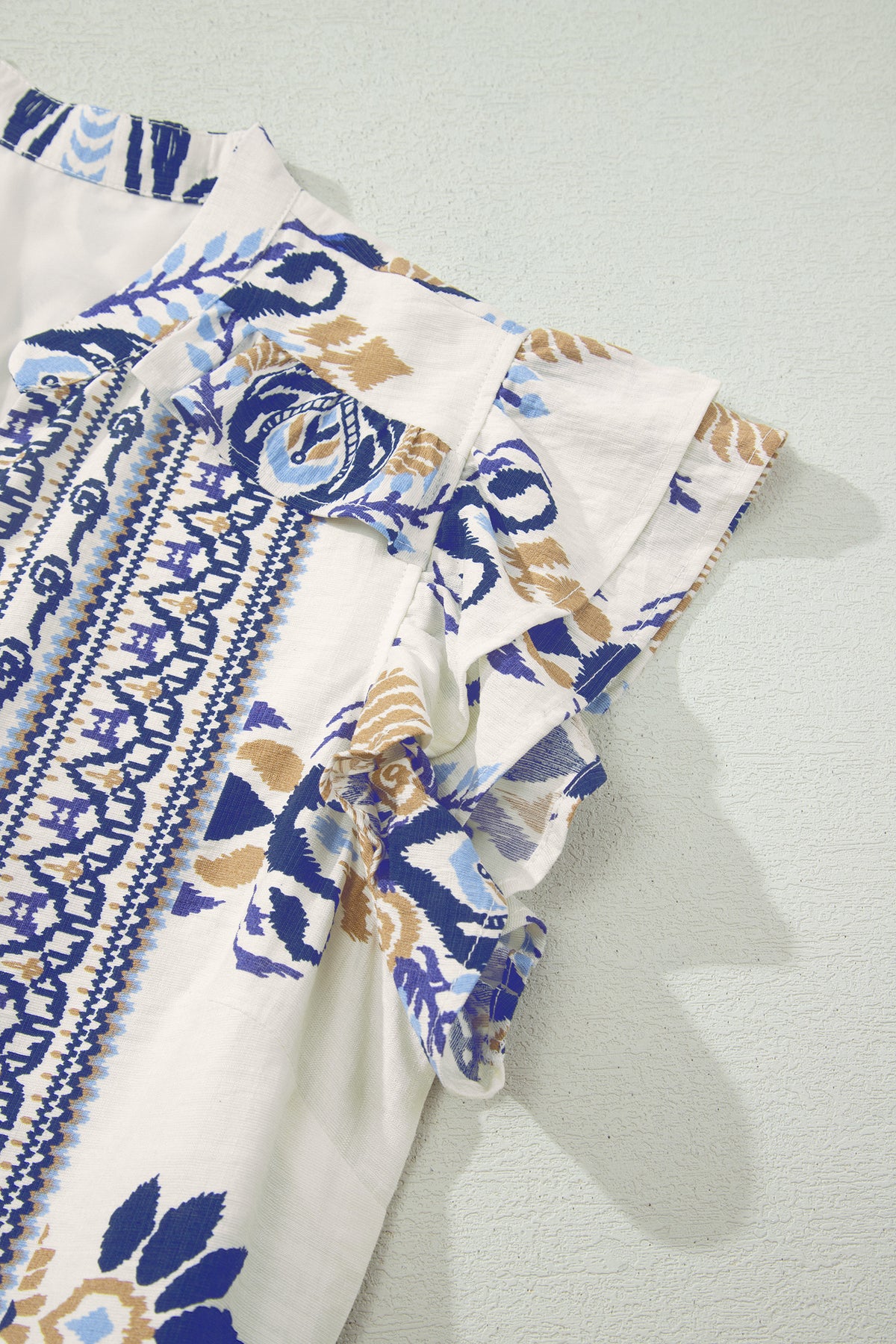 Blue boho Western floral printed mini dress with split neckline and ruffled sleeves, from Dear-Lover.