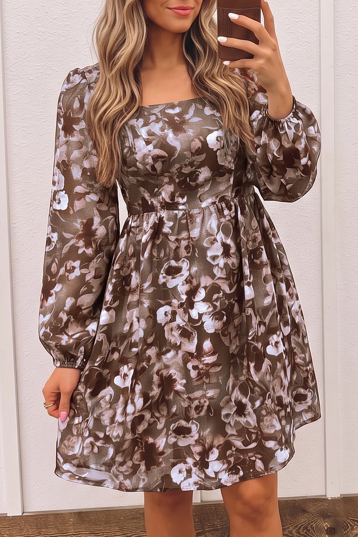 Brown abstract floral print square neck long sleeve mini shift dress by Dear-Lover, showcasing a stylish, fitted silhouette with long sleeves.