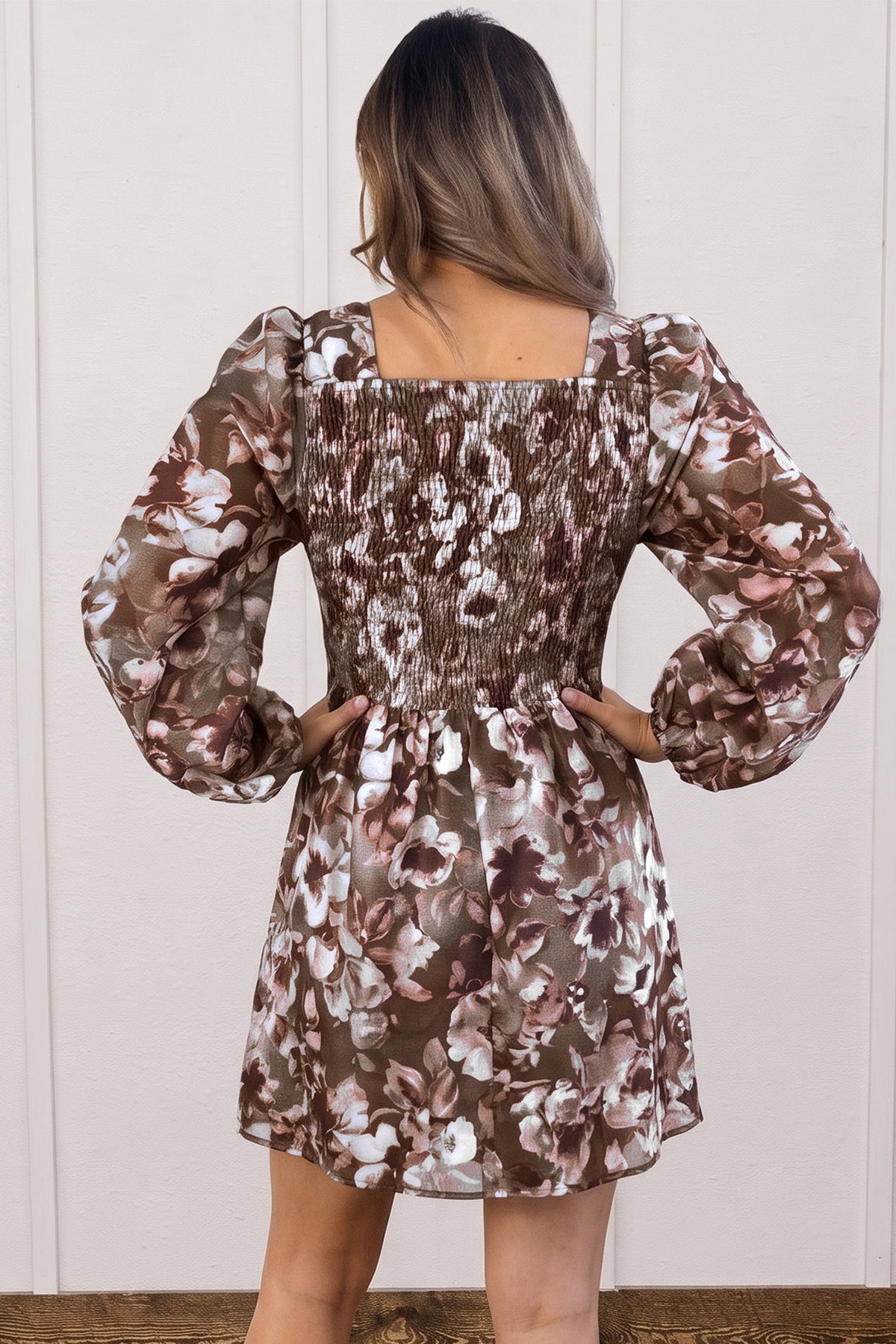 Brown abstract floral print square neck long sleeve mini shift dress by Dear-Lover with a stylish, relaxed fit and elegant design.