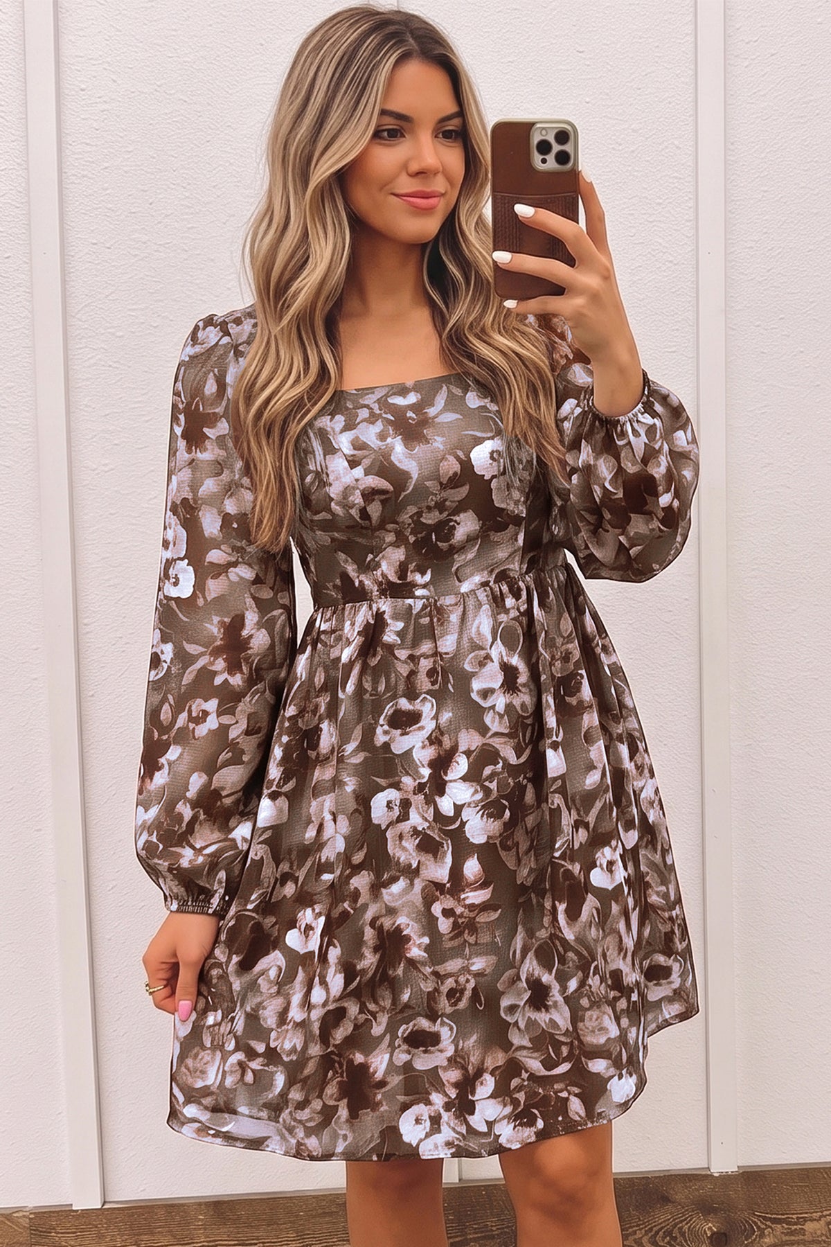 Brown abstract floral print square neck long sleeve mini shift dress from Dear-Lover, casual and stylish for everyday wear.