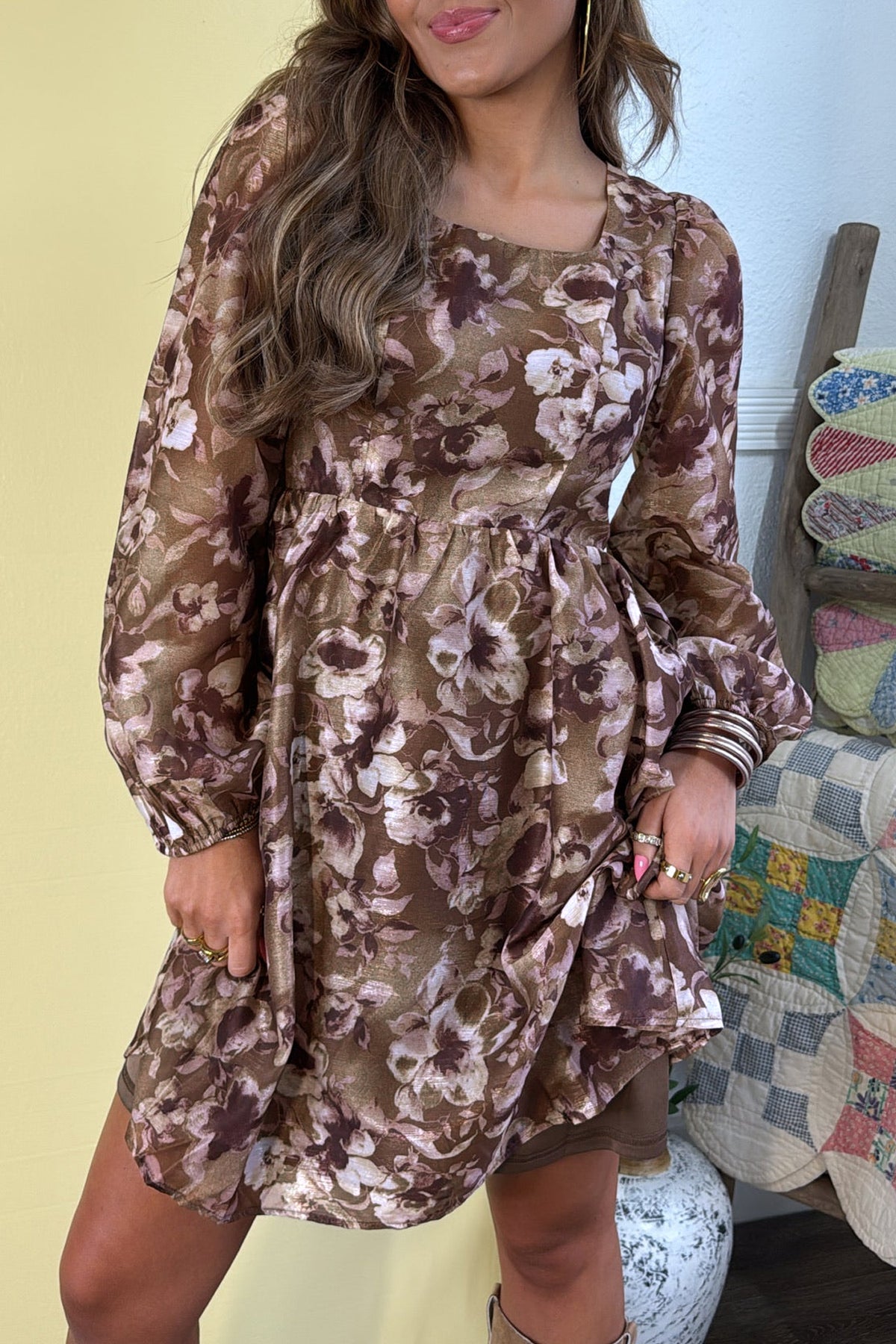 Brown abstract floral print square neck long sleeve mini shift dress by Dear-Lover, featuring a stylish design and comfortable fit.