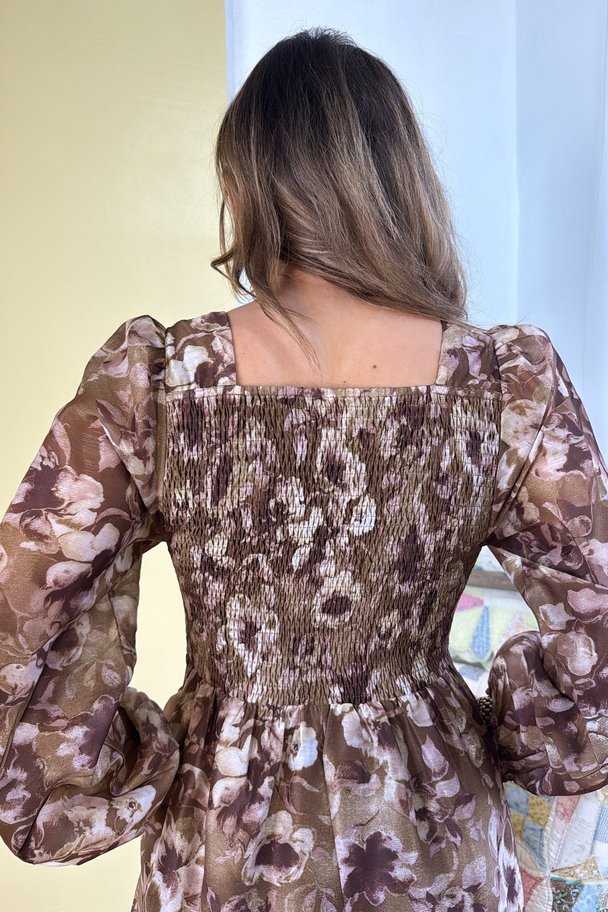 Brown abstract floral print square neck long sleeve mini shift dress by Dear-Lover, featuring a stylish design and comfortable fit.