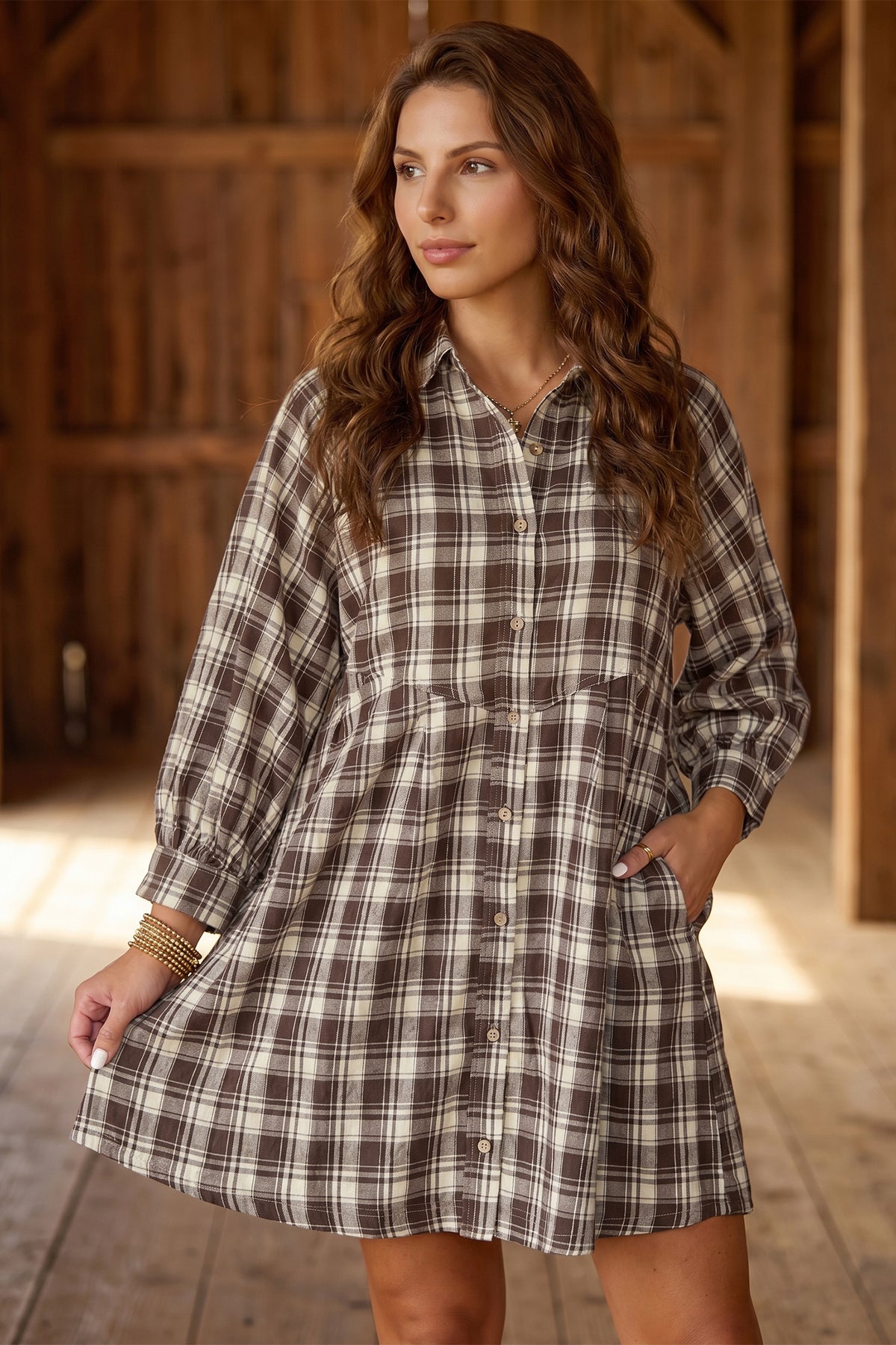 Brown plaid long sleeve mini dress by Dear-Lover, featuring a short shift style and casual design perfect for everyday wear.