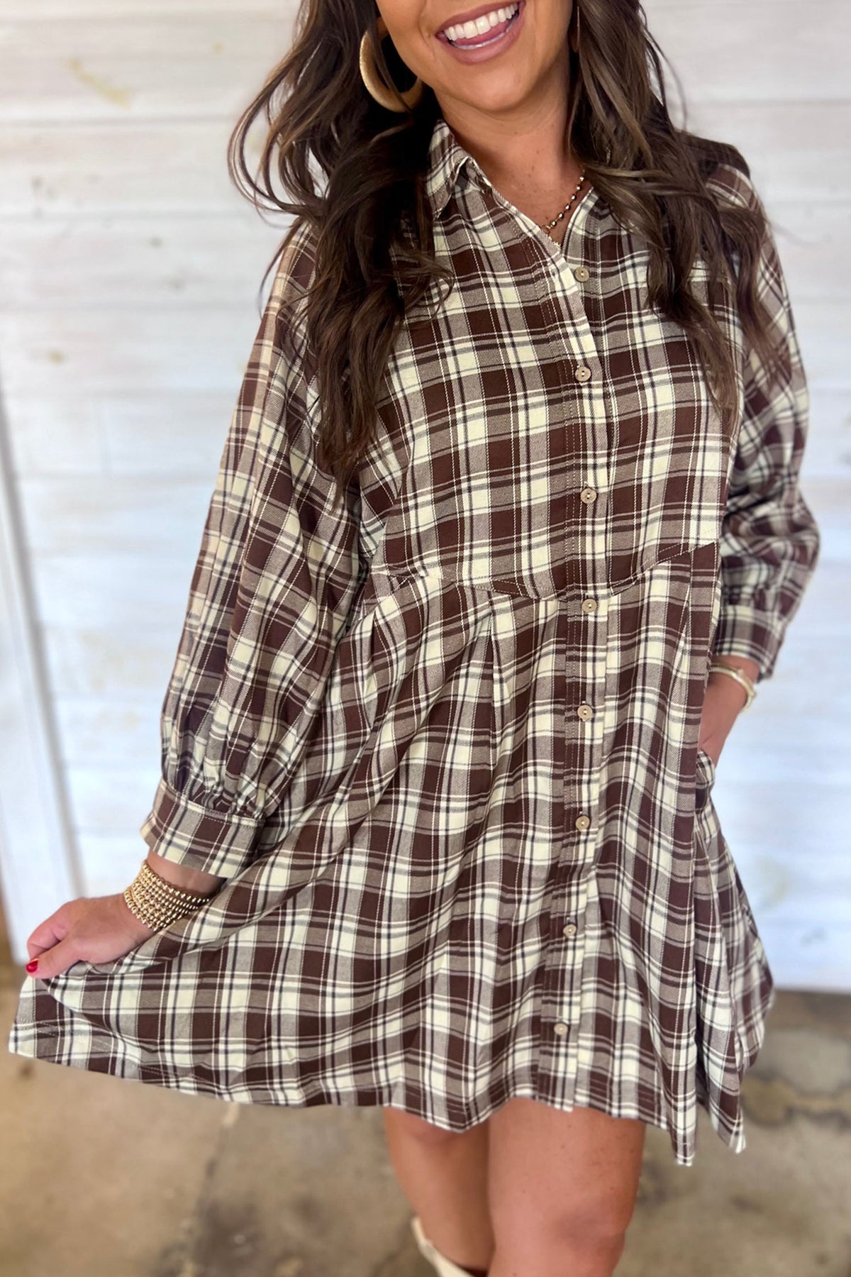 Brown plaid long sleeve mini dress by Dear-Lover, featuring a short shift style and casual design, perfect for everyday wear.