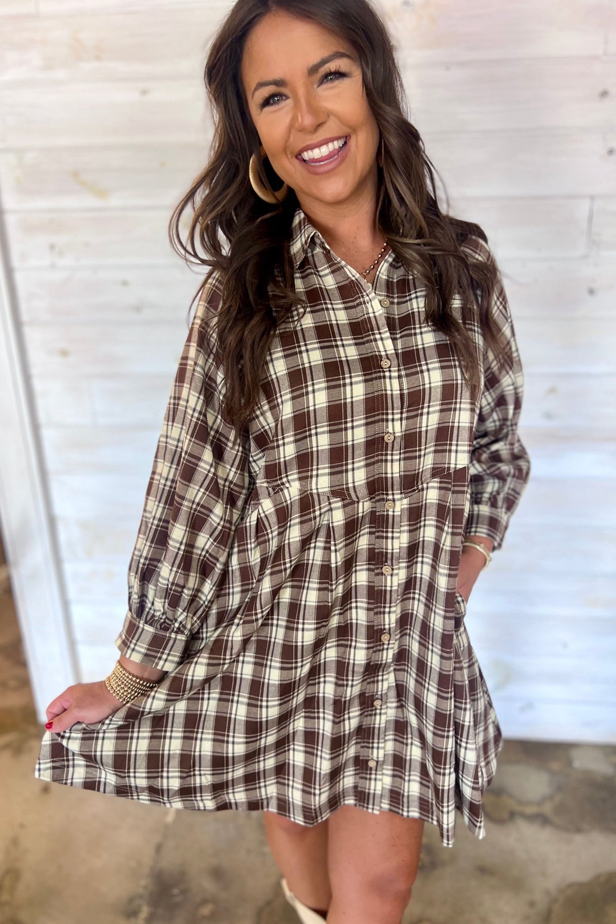 Brown plaid long sleeve mini dress by Dear-Lover, featuring a short shift style and casual fit, perfect for everyday wear.