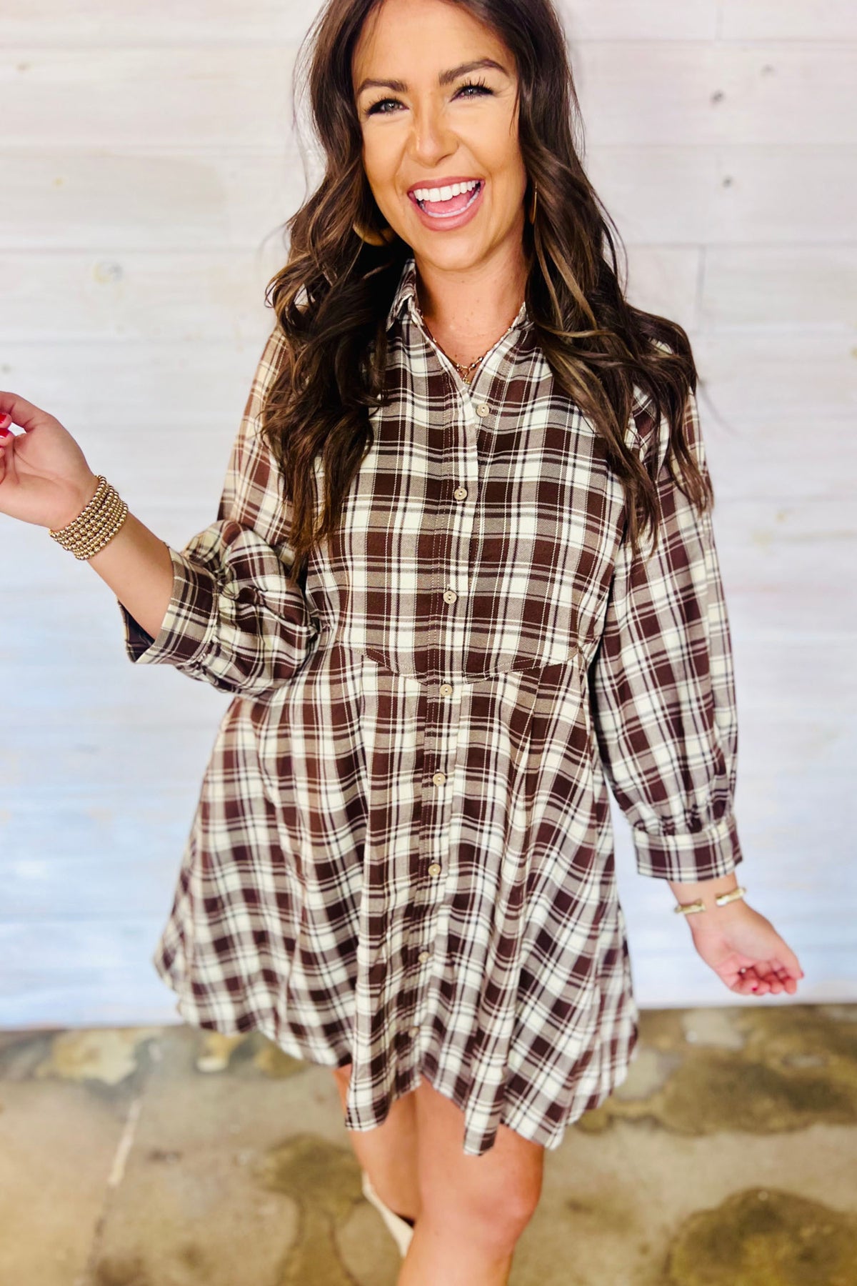 Brown plaid long sleeve mini dress by Dear-Lover with a short shift style, perfect for casual wear.