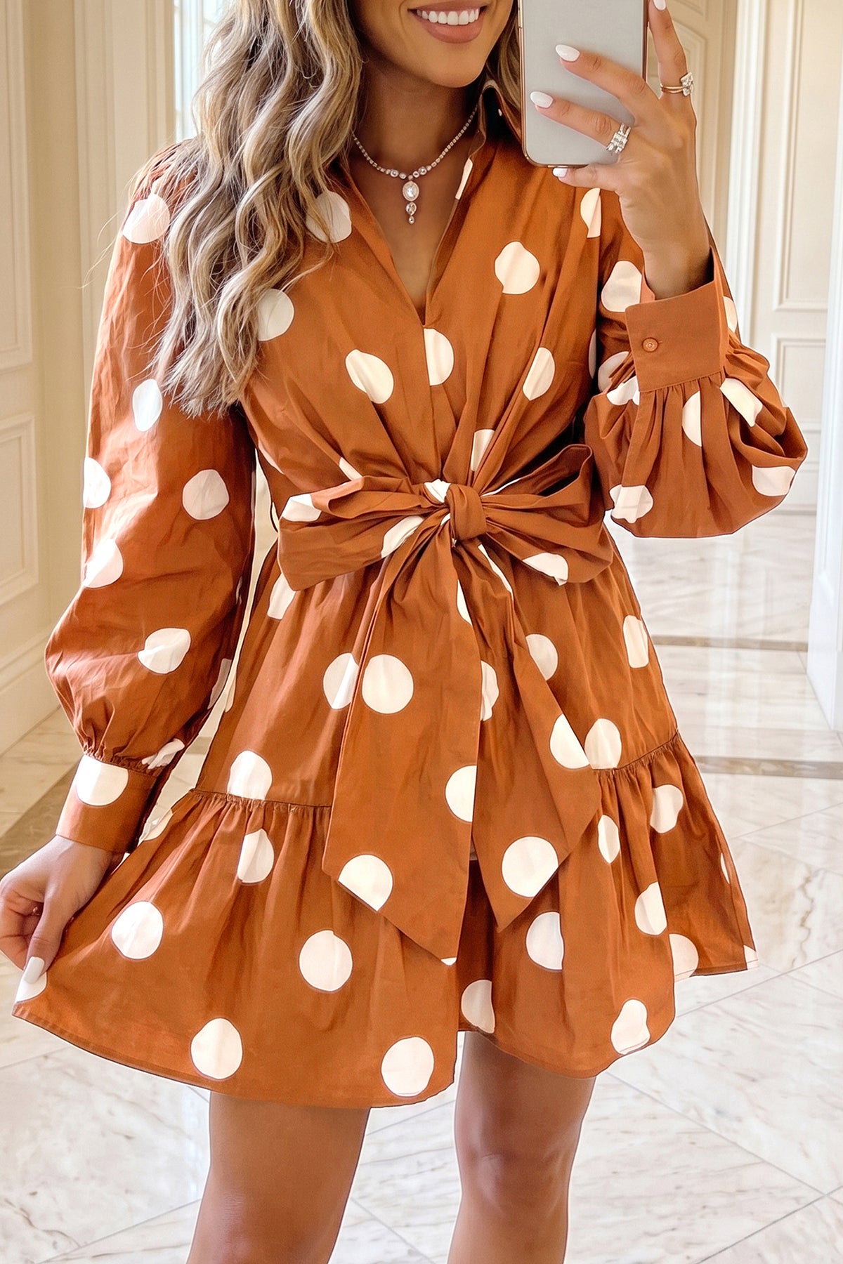 Brown polka dot long sleeve tie waist casual mini dress by Dear-Lover, featuring a shift silhouette and flattering fit.