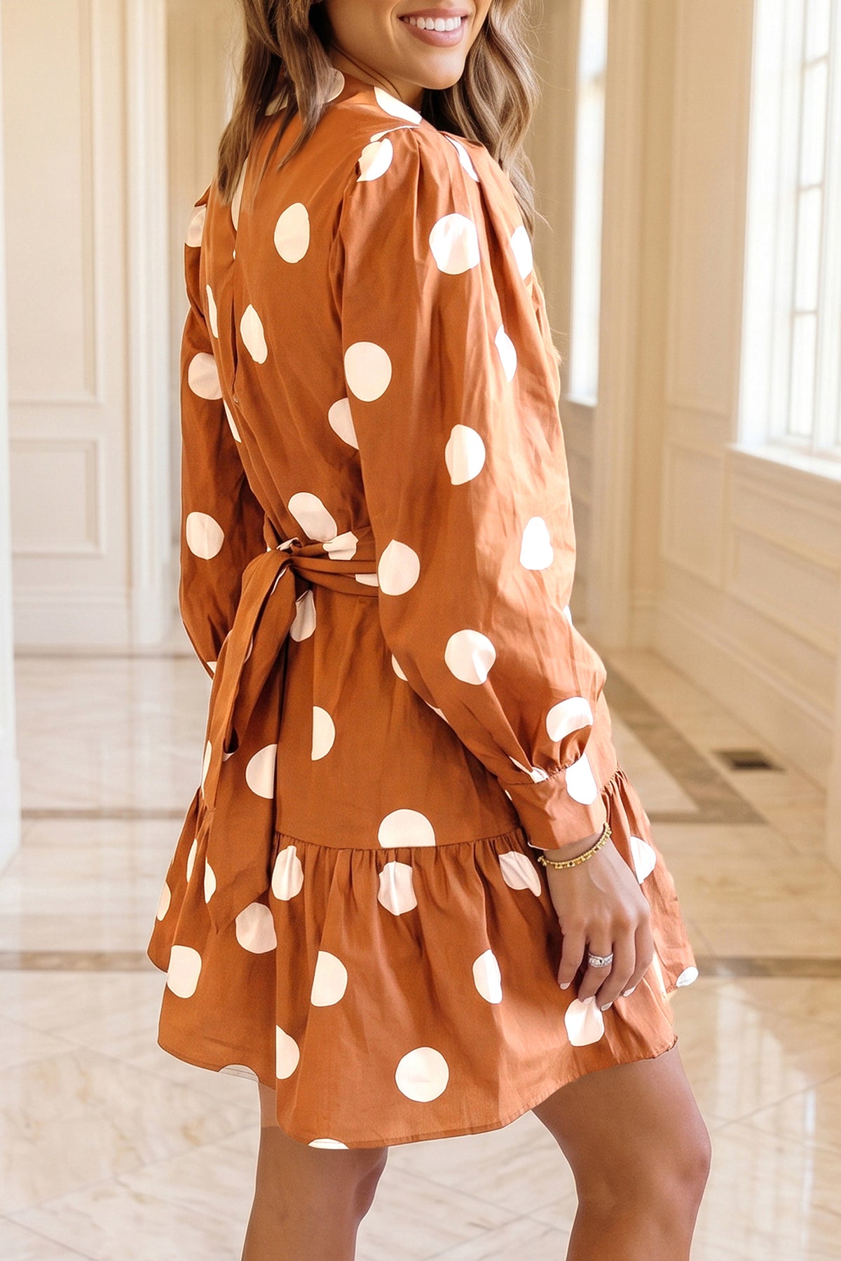 Brown polka dot long sleeve casual mini dress with tie waist from Dear-Lover, featuring a shift style and feminine design.