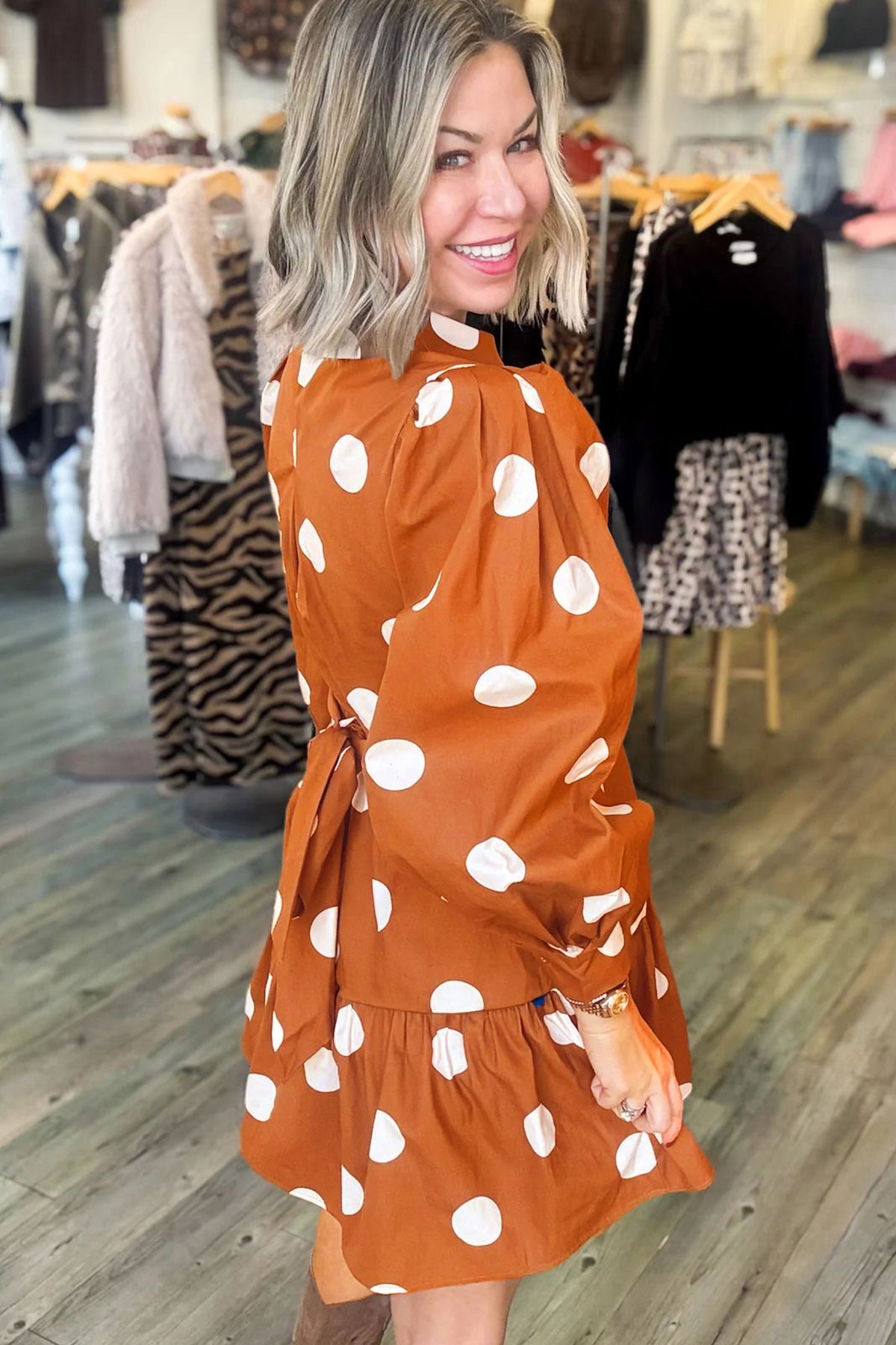 Brown polka dot long sleeve tie waist casual mini dress by Dear-Lover, featuring a shift silhouette and stylish design.