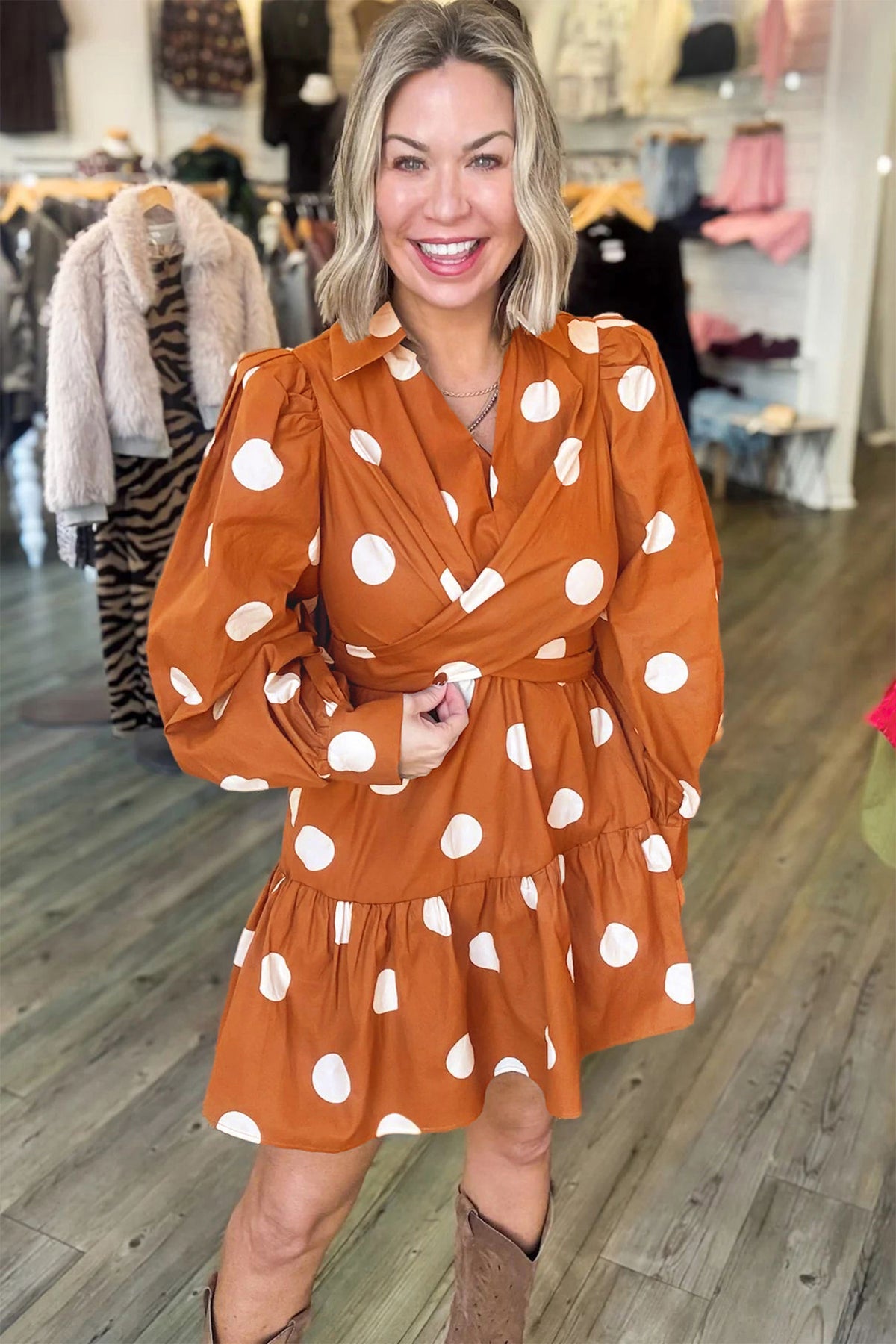 Brown polka dot long sleeve tie waist casual mini dress by Dear-Lover, featuring a shift style and comfortable fit.