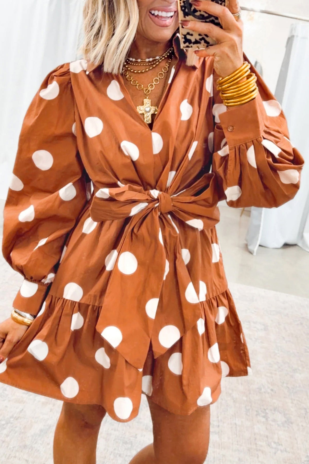 Brown polka dot long sleeve tie waist casual mini dress by Dear-Lover, featuring a shift style and feminine design.