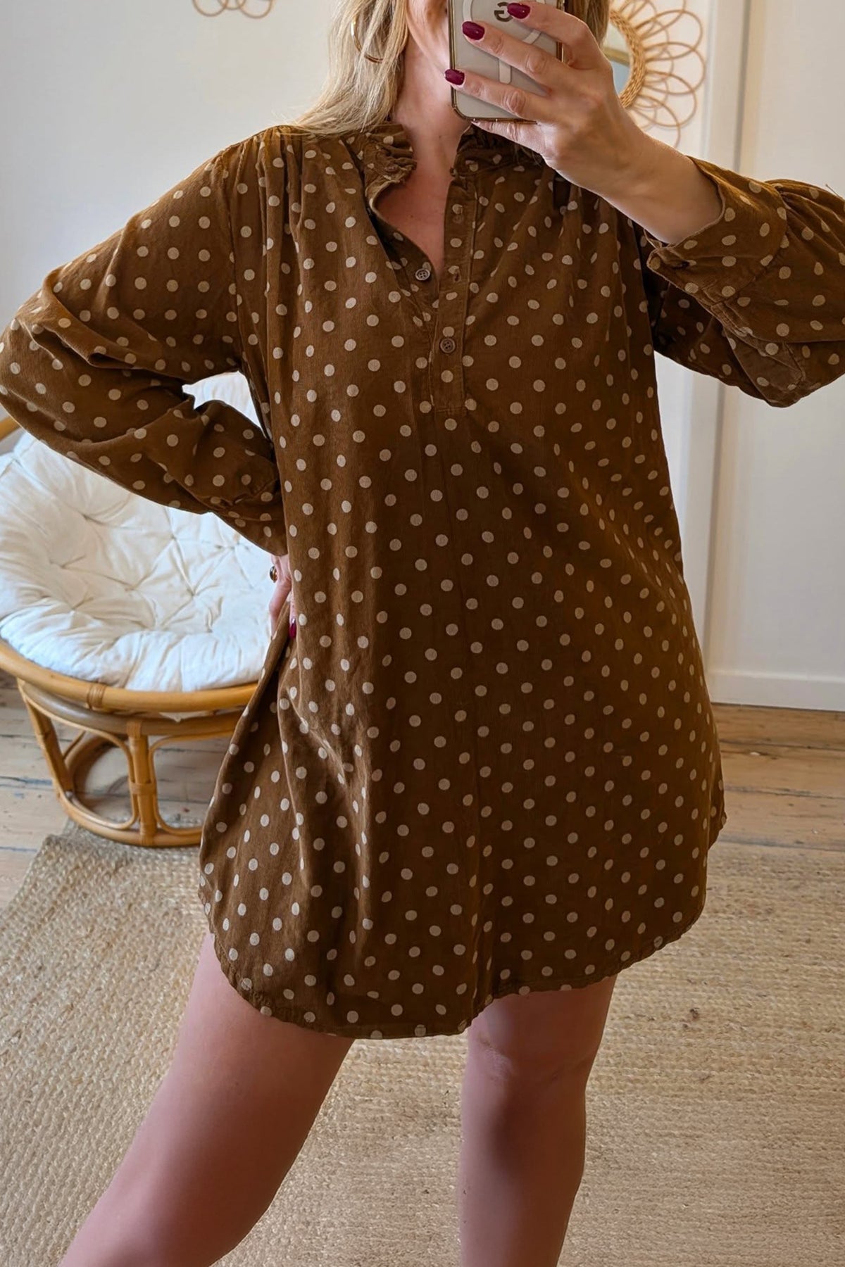 Brown polka dot V-neck long sleeve shift dress with button details, stylish mini dress from Dear-Lover.