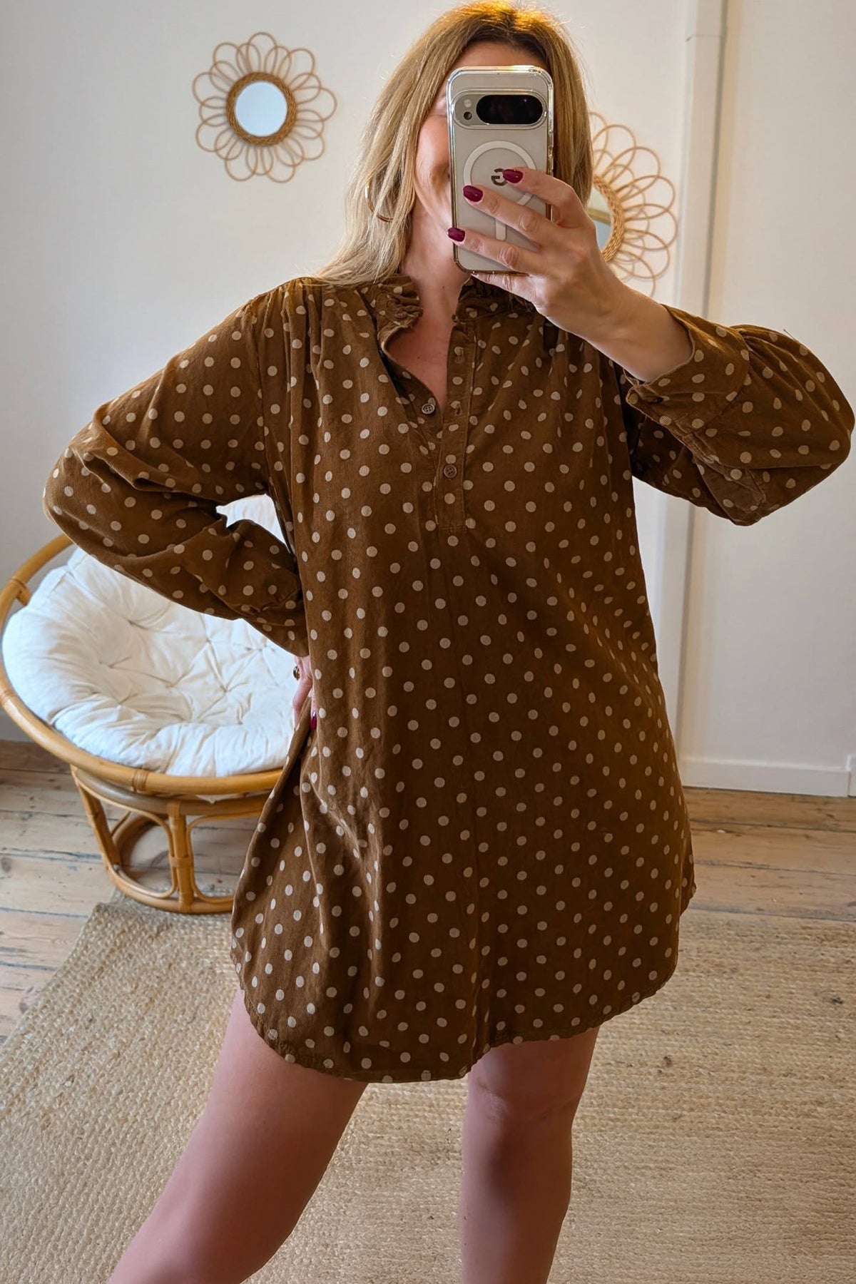 Brown polka dot V-neck long sleeve shift dress by Dear-Lover, mini dress with button front and relaxed fit.