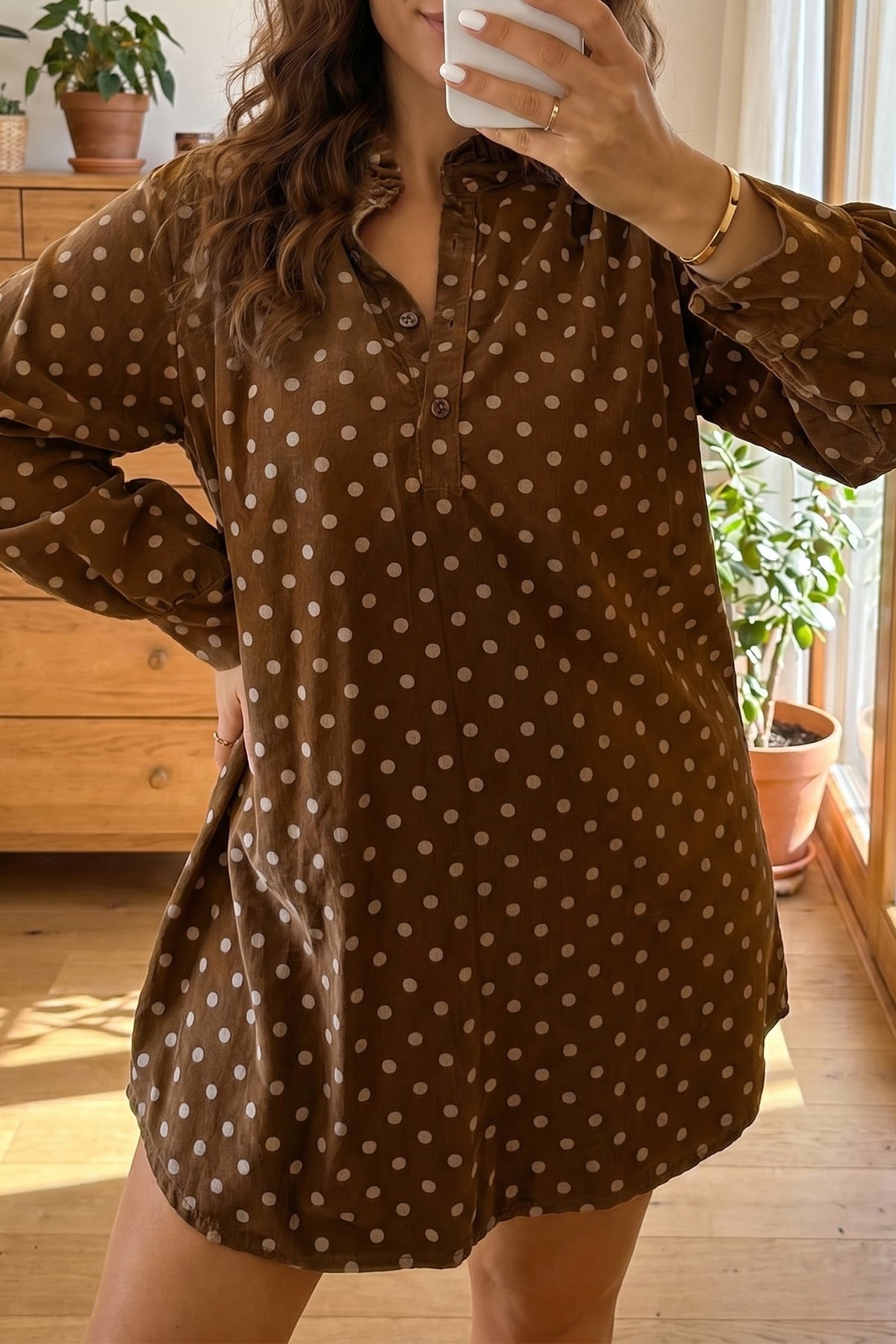 Brown polka dot V-neck long sleeve shift dress by Dear-Lover, featuring buttons and a mini length, perfect for casual wear.