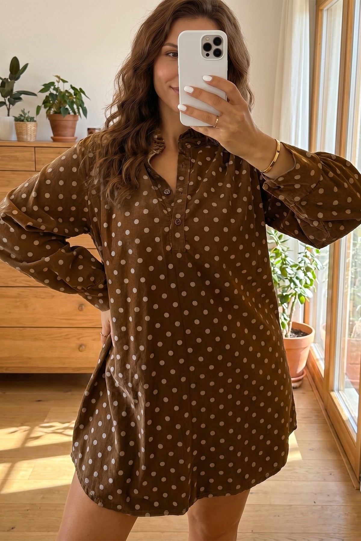 Brown polka dot V-neck long sleeve shift dress by Dear-Lover, mini dress with button front and casual style.