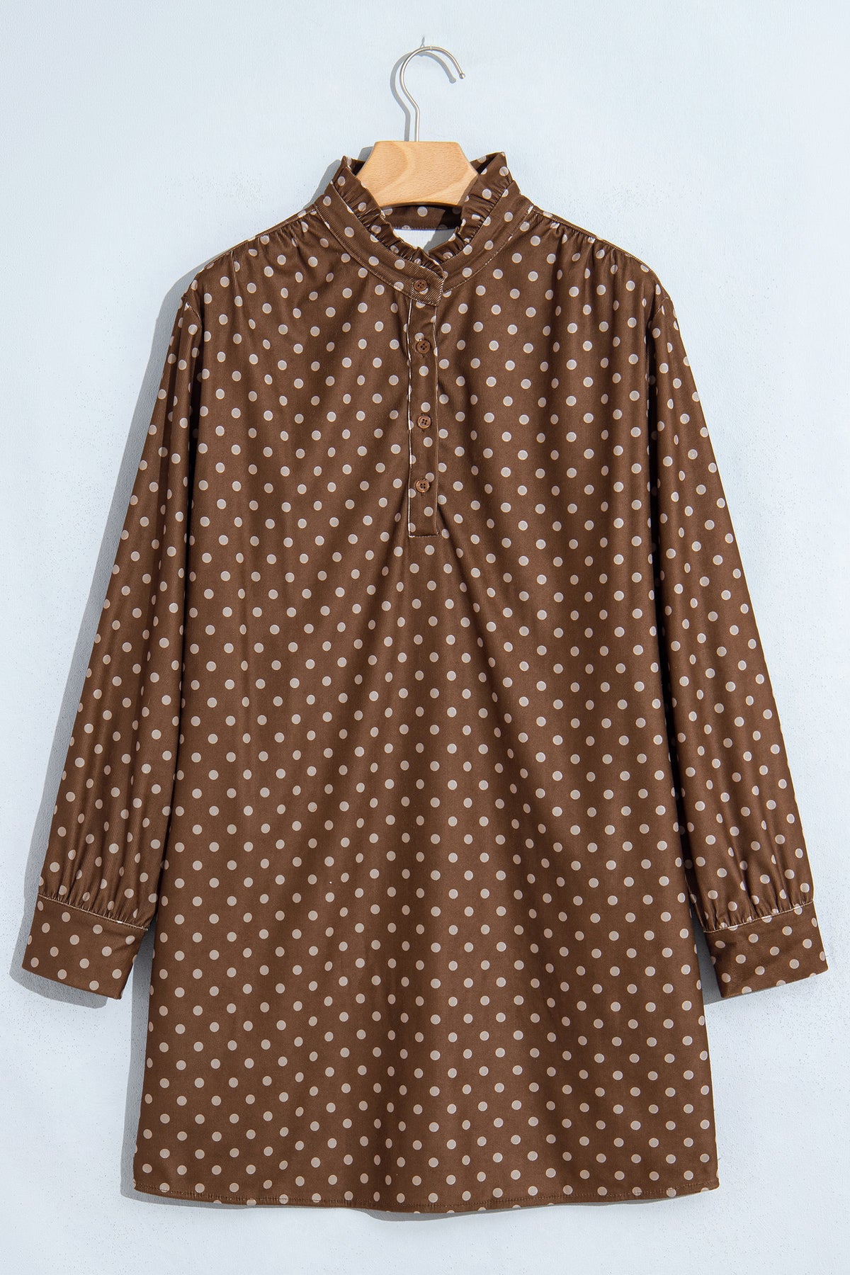 Brown polka dot V-neck long sleeve shift dress by Dear-Lover, featuring a button-up front and mini dress style.