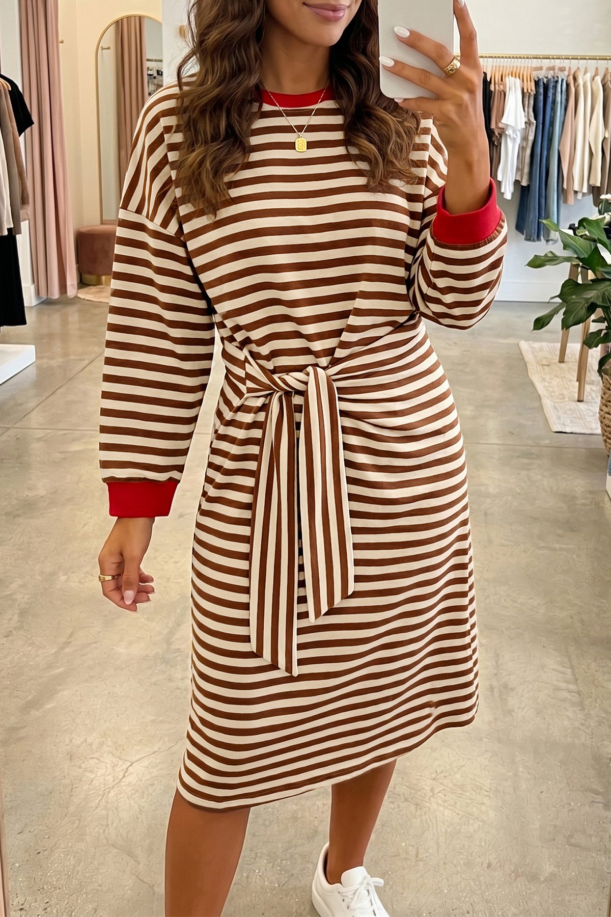 Brown stripe colorblock shift dress with round neck, long sleeves, and cuff details, perfect as a stylish mini dress by Dear-Lover.