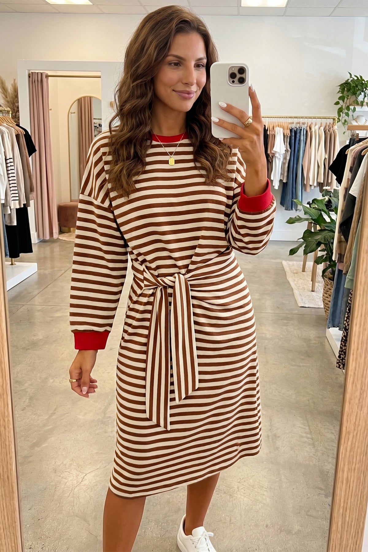 Brown stripe colorblock mini dress with round neck, long sleeves, and striped cuffs from Dear-Lover, perfect for casual wear.