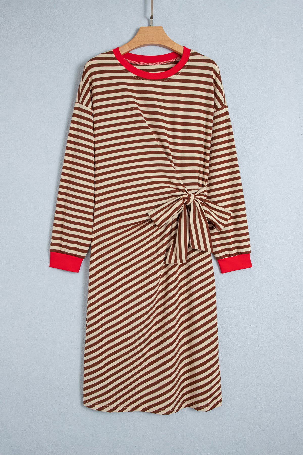 Brown stripe colorblock long sleeve shift dress with round neck and cuffs, by Dear-Lover, perfect for casual wear.