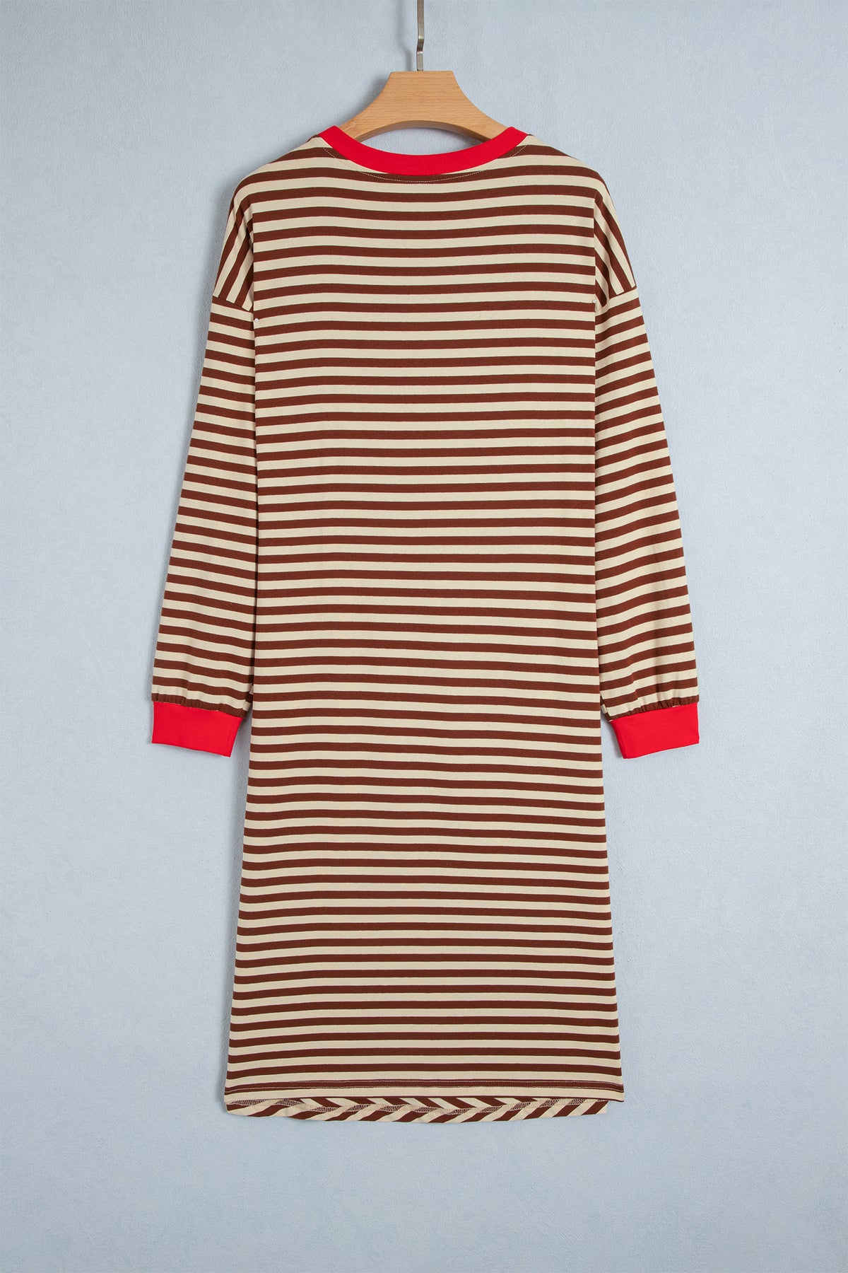 Brown stripe colorblock shift dress with round neckline, long sleeves, and striped cuffs, by Dear-Lover, perfect for casual wear.