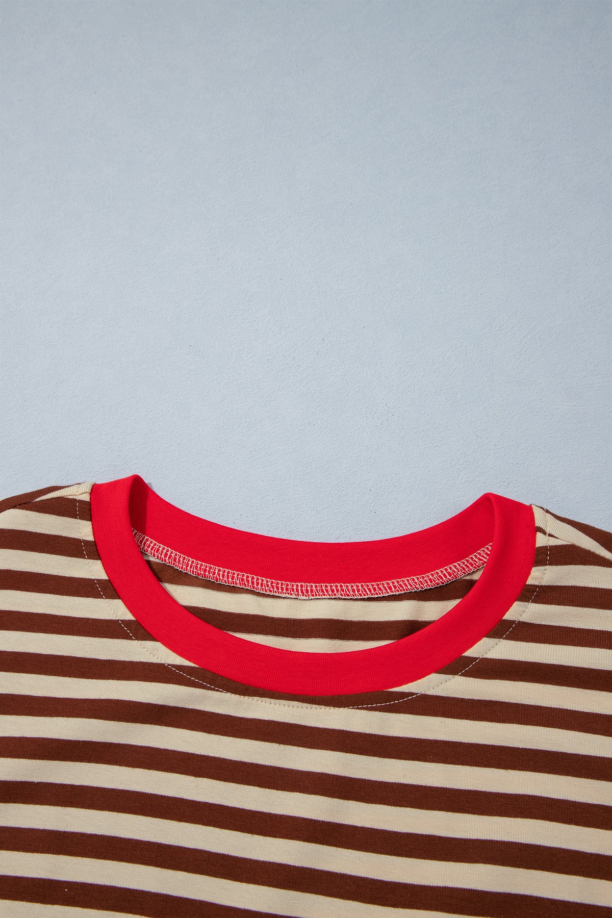 Brown stripe colorblock shift dress with round neckline, long sleeves, and cuffs, made by Dear-Lover for stylish mini dress wear.