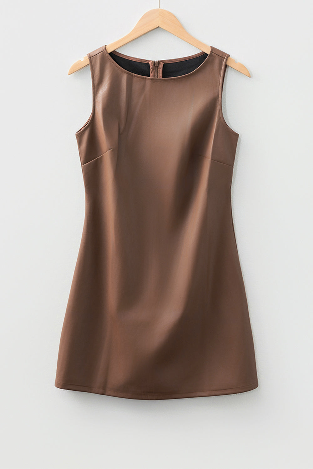 Coffee vegan leather sleeveless mini dress from Dear-Lover, stylish mini dress with a sleek, fitted design perfect for casual or dressy occasions.