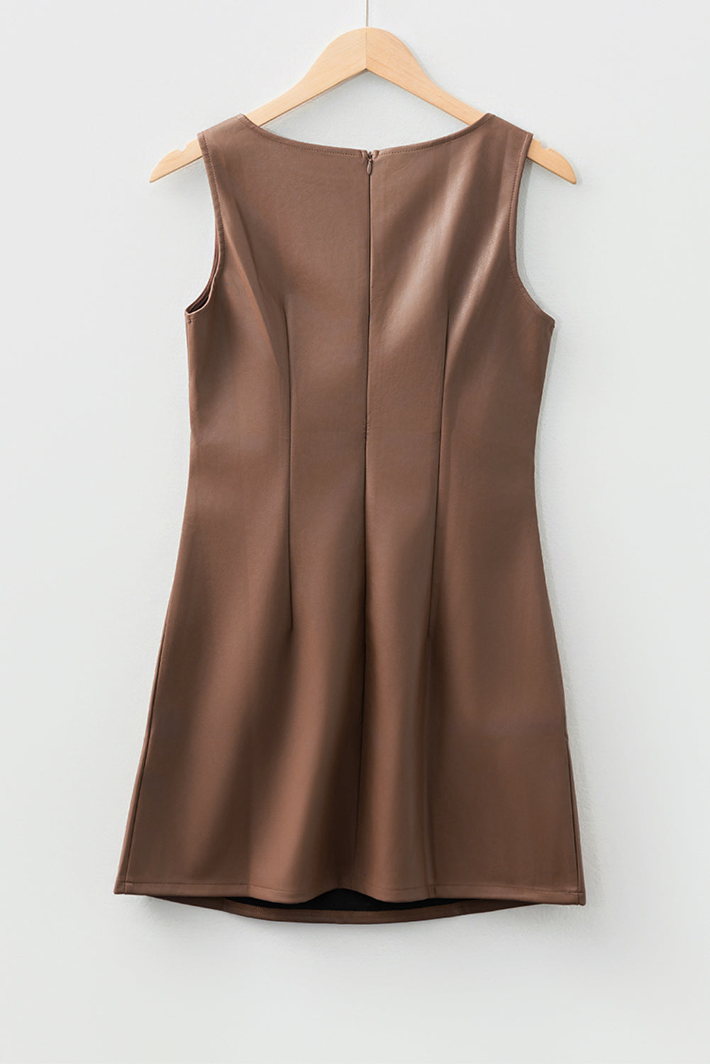 Coffee vegan leather sleeveless mini dress by Dear-Lover, stylish and fitted, perfect for casual or semi-formal occasions.