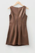 Coffee vegan leather sleeveless mini dress by Dear-Lover, stylish and fitted, perfect for casual or semi-formal occasions.