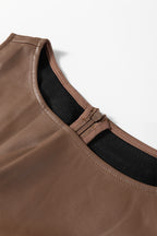 Coffee vegan leather sleeveless mini dress from Dear-Lover, stylish and fitted mini dress with a sleek sleeveless design.