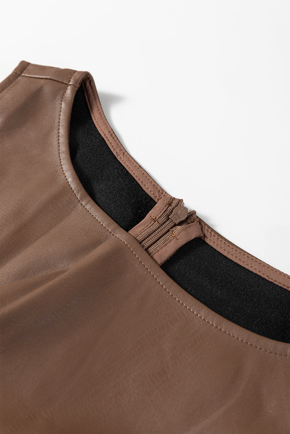 Coffee vegan leather sleeveless mini dress from Dear-Lover, stylish and fitted mini dress with a sleek sleeveless design.