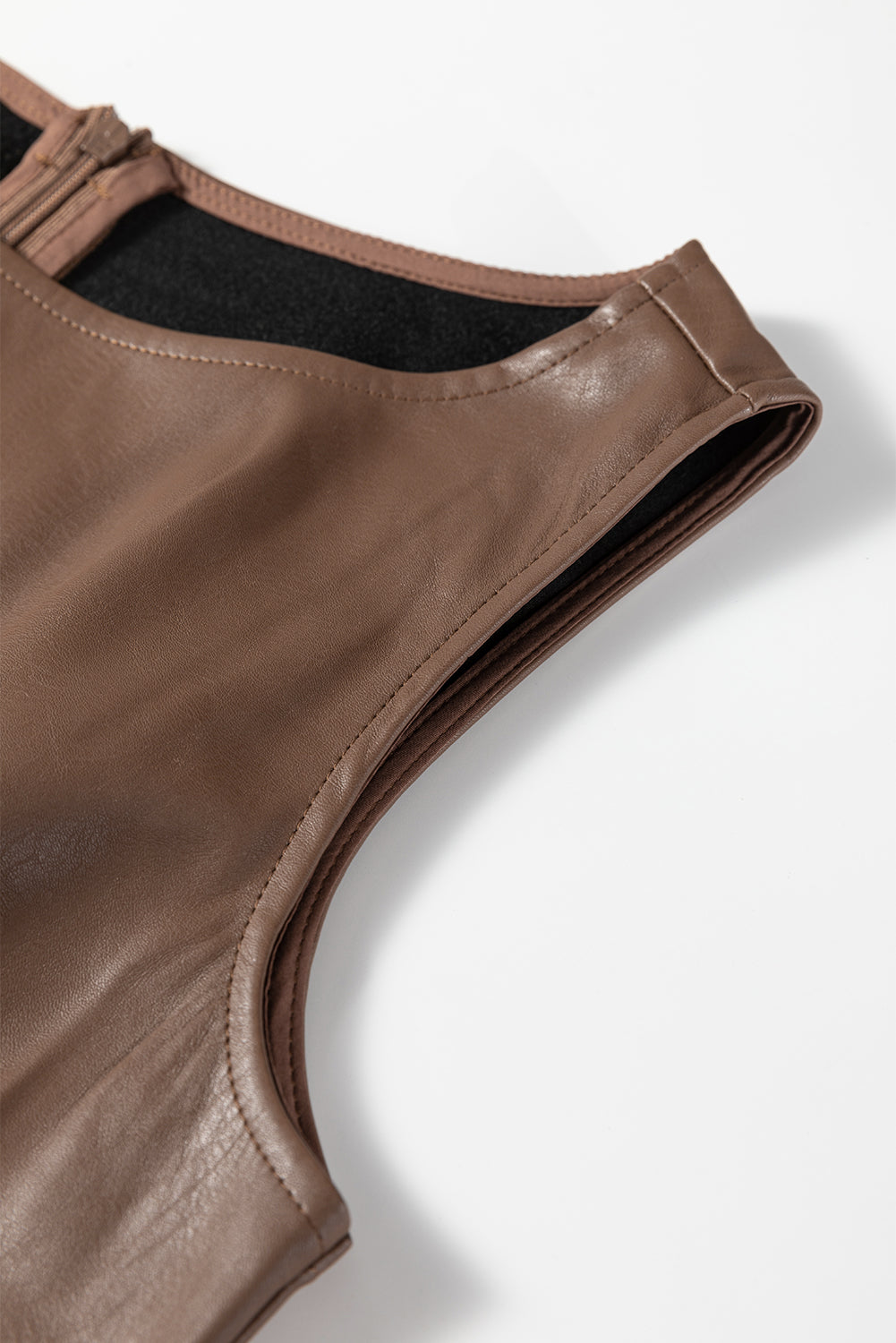 Coffee vegan leather sleeveless mini dress from Dear-Lover, stylish dress with a fitted silhouette and mini length.