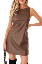 Coffee-colored vegan leather sleeveless mini dress by Dear-Lover, stylish and fitted for a modern look.
