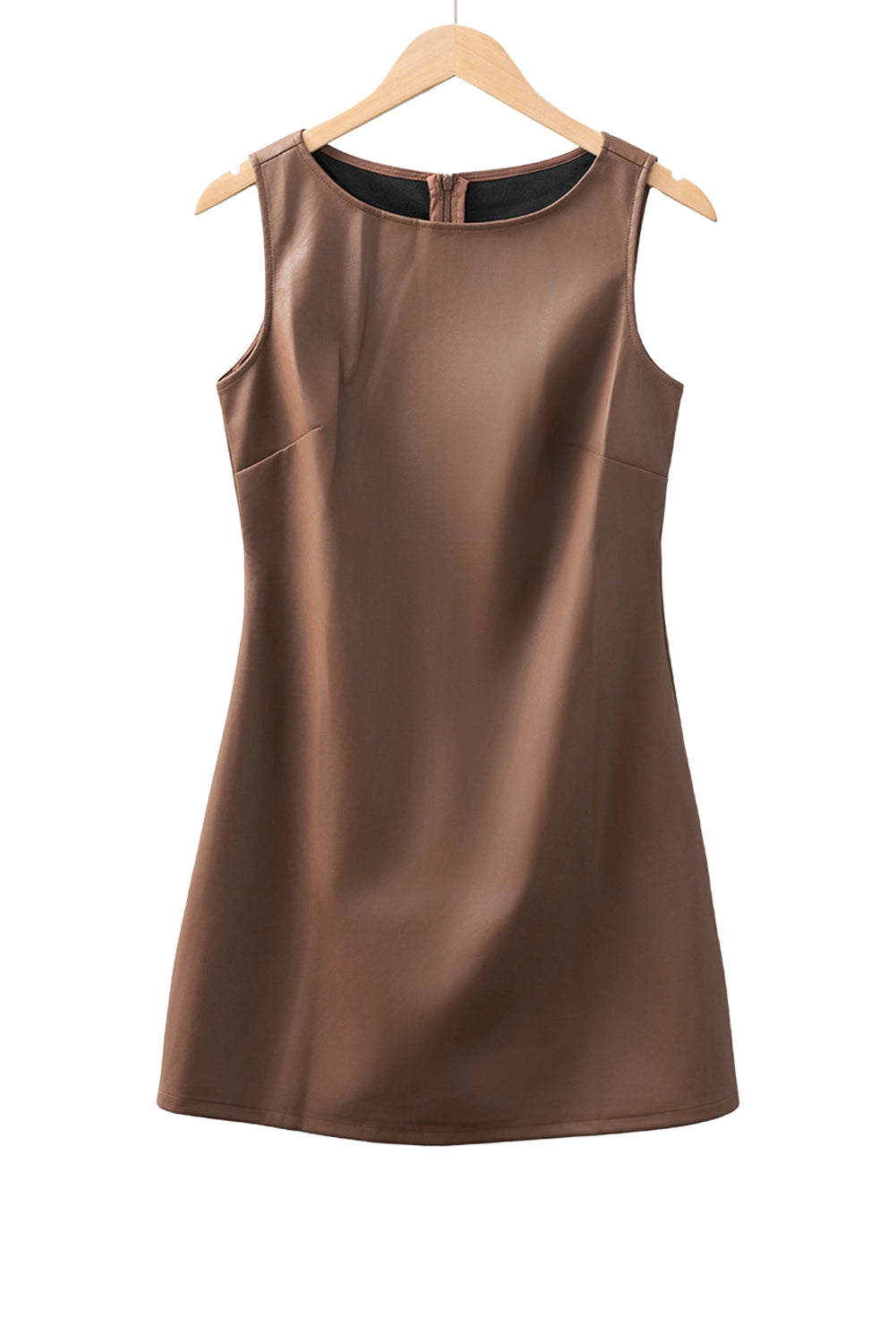Coffee vegan leather sleeveless mini dress by Dear-Lover, stylish and fitted mini dress with a sleek sleeveless design.