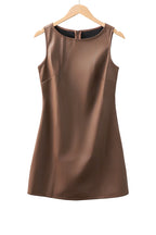 Coffee vegan leather sleeveless mini dress by Dear-Lover, stylish and fitted mini dress with a sleek sleeveless design.