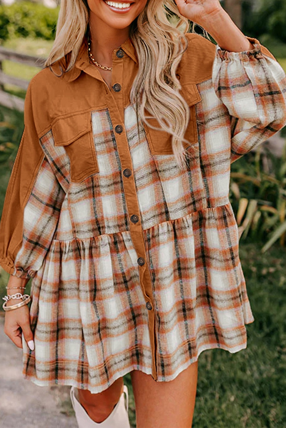 Khaki plaid patchwork ruffle hem tunic shirt dress by Dear-Lover, mini dress with color block design and casual style.
