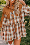 Khaki plaid patchwork ruffle hem tunic shirt dress by Dear-Lover, mini dress with color block design and casual style.